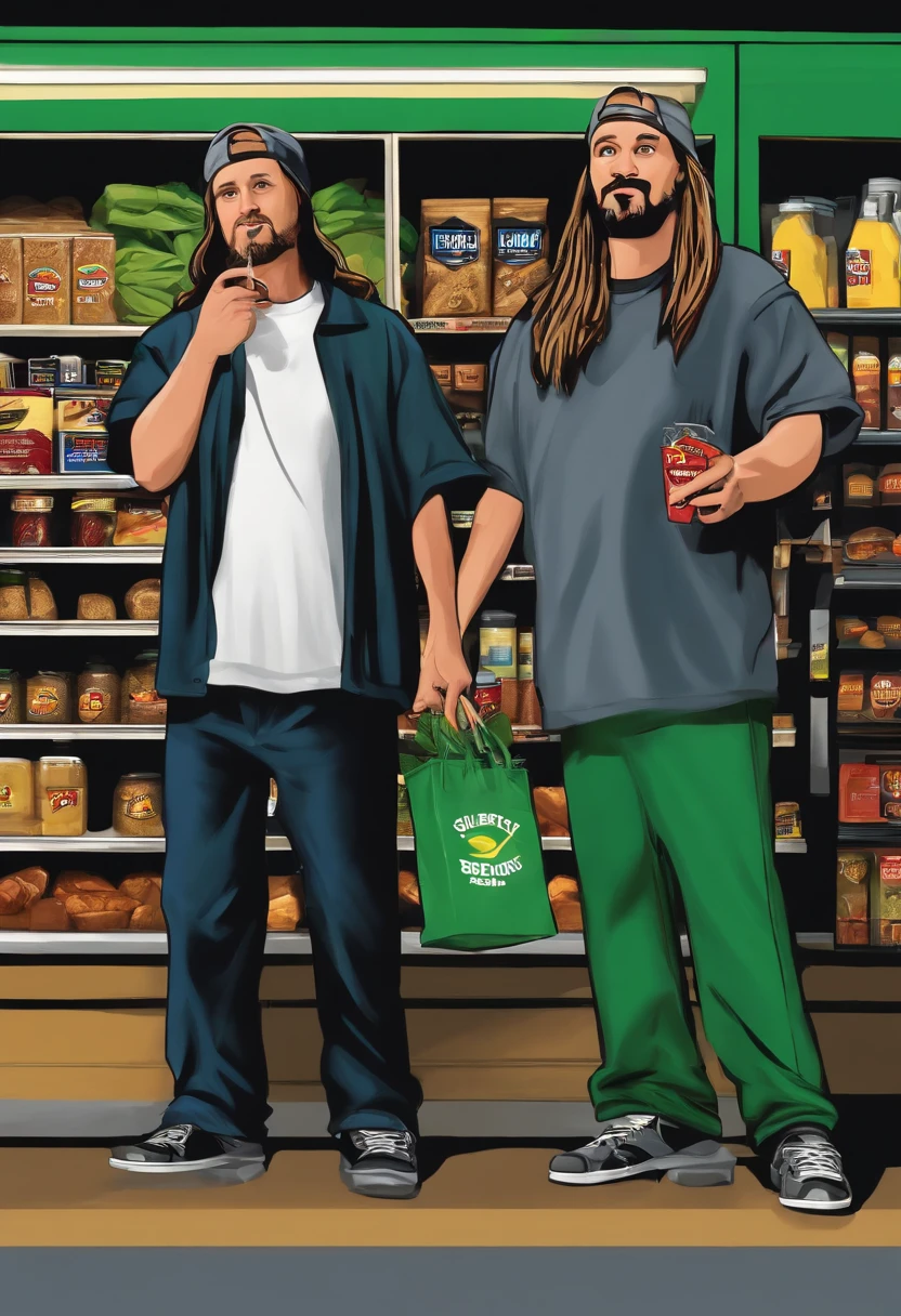 A photo of Jay and Bob at Quick Stop holding up a bag of top-shelf green,Clerks, Mallrats, Jay and Silent Bob Strike Back,Jay and Silent Bob, male