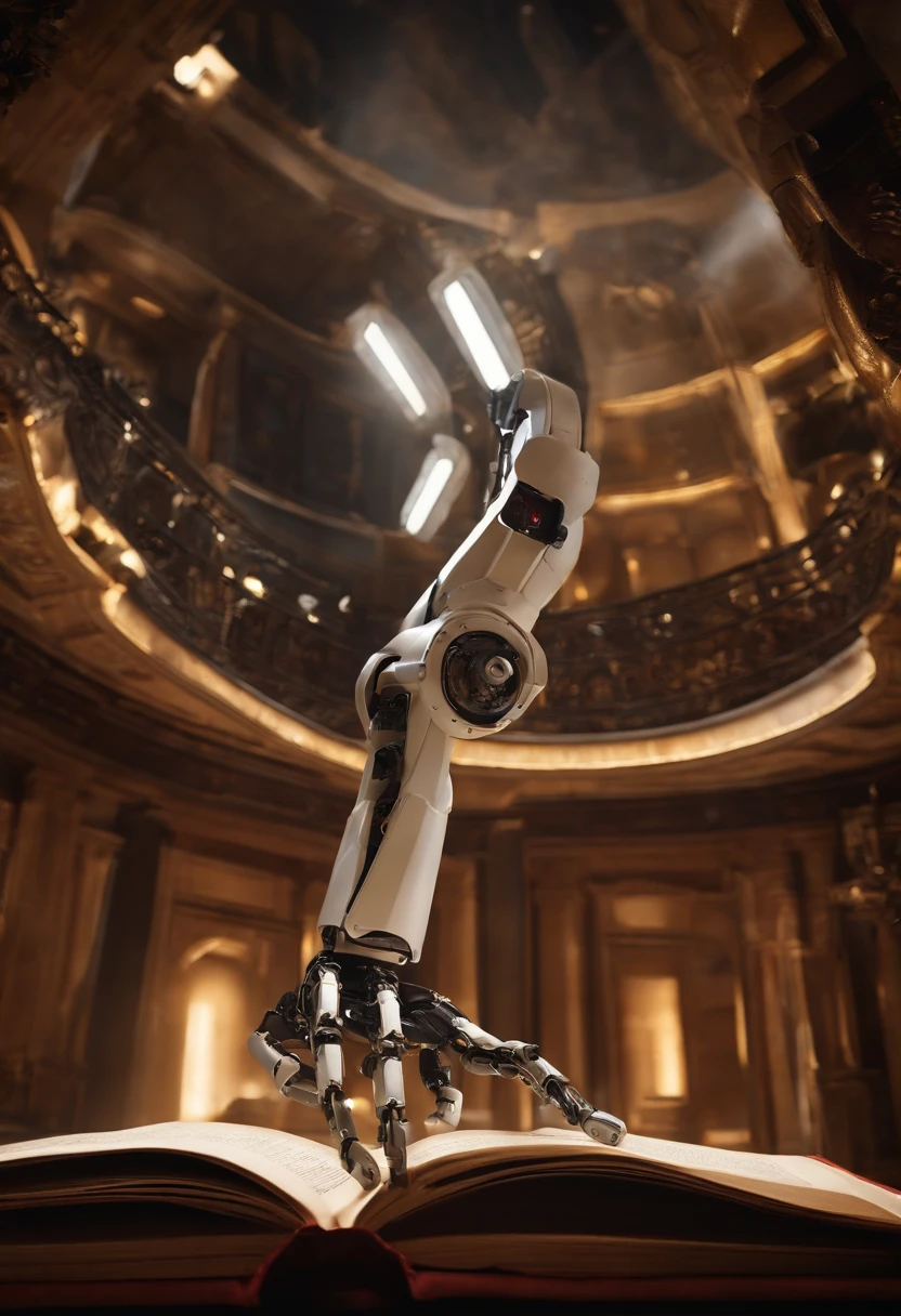 A photo of a robotic arm flipping through a book of human poetry,Portal series,GLaDOS is a robot suspended from the ceiling, female