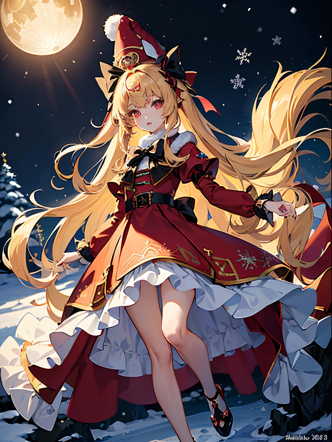 anime, (masterpiece, best quality, ultra-detailed), (beautiful detailed face), full body, high contrast, 1 girl (solo, Blond hair, petite body, long flowing hair, (black hairbow), high detail eyes, glowing red ruby eyes, Christmas hat, crimson warm furry dress), (outside, winter, snow, night time, snowflakes around)