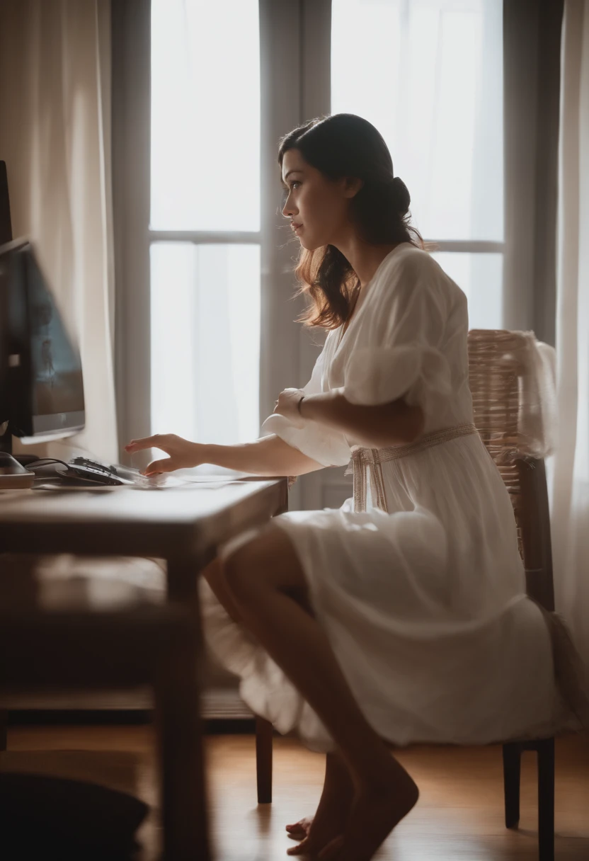 mujer gamin en su habitacion vistiendo ropa japonesa asiendo estream en la pc
