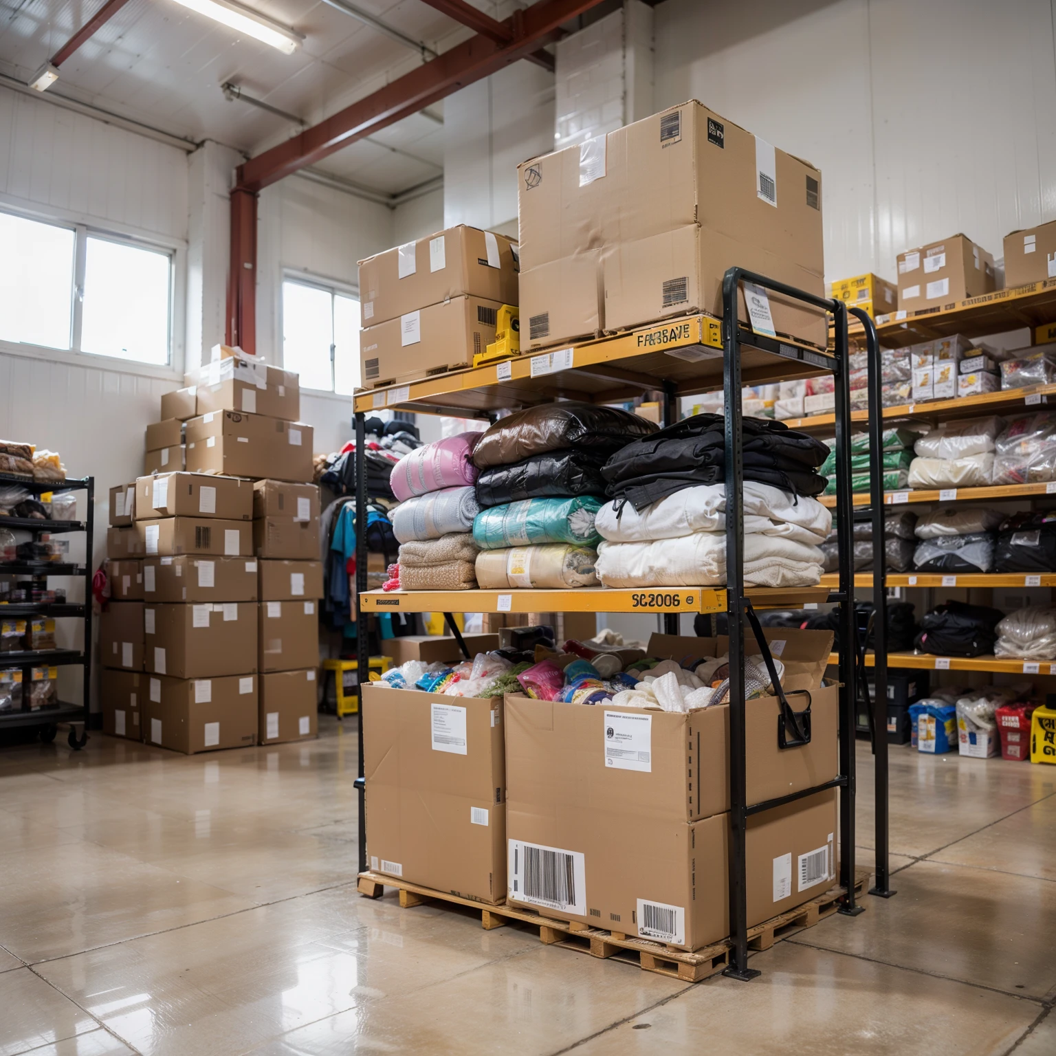 Detailed, 4K, 8K, UHD, high quality. There are a lot of winter jackets in transparent packaging on the shelves. Metal rack, small warehouse. Outerwear is folded on shelves in transparent packaging. Boxes with barcodes. Long hangers on the floor, on which many winter jackets are hung on trempels, padded jackets are visible. View of the shelves. Extreme clarity.