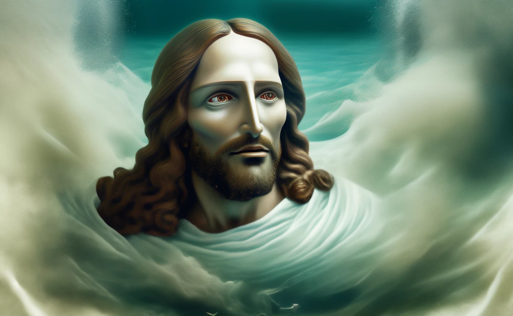 I create an image of Jesus Christ inside a bank in the sea, in turbulence, a very realistic and human image in 4k