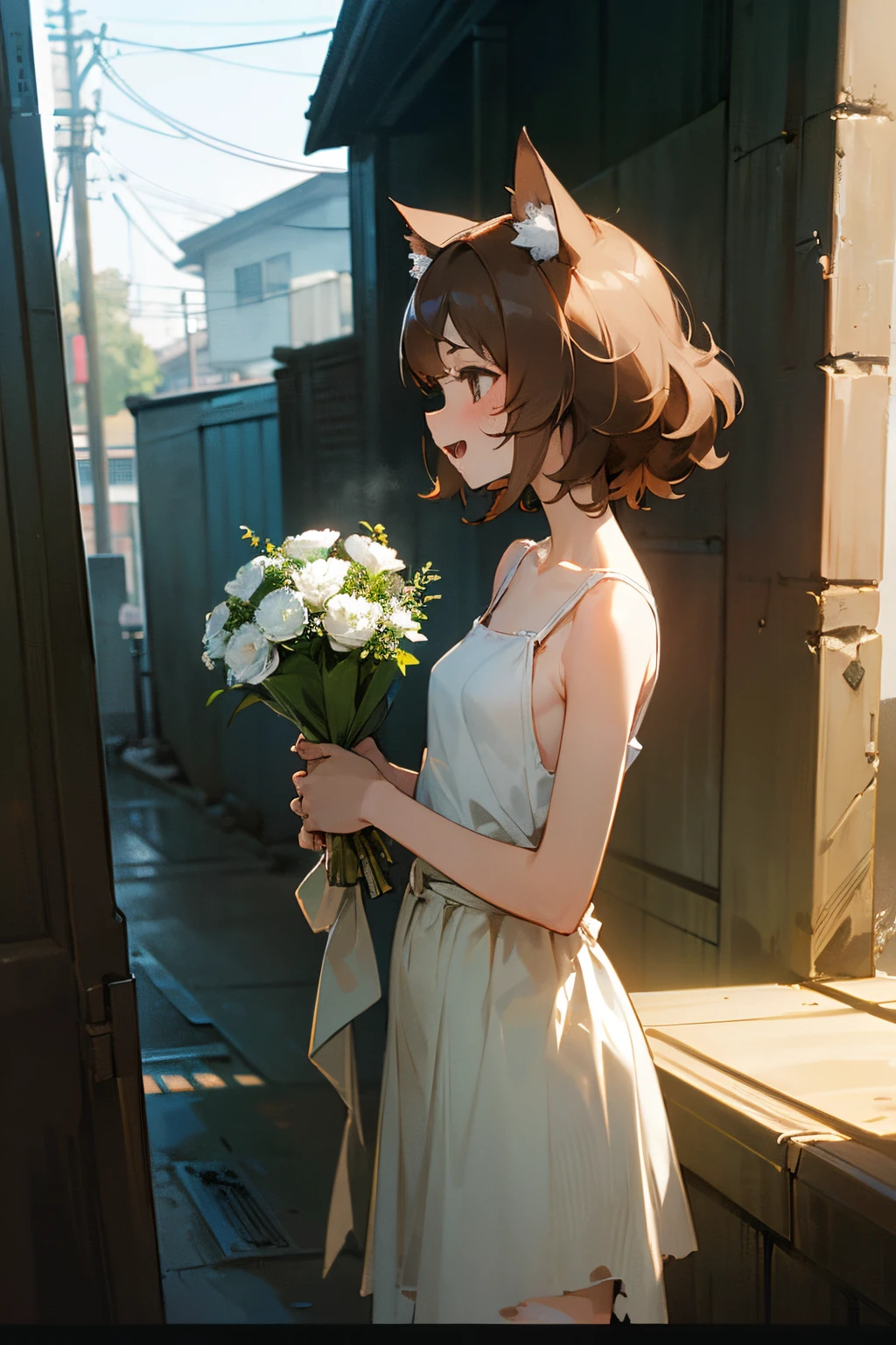 (((masuter piece、top-quality)))、from side, 16K,textured skin, cinematic lighting, Positioned on the right side of the screen、((Super detail of beautiful brown eyes、holding the bouquet with both hands))、(Very unkempt disheveled medium hair、A very battered and torn camisole、Dirty white camisole、Small breasts with large exposure、Close your eyes and laugh out loud、Open your mouth wide、Slender small breasts), 1girl、be sweaty、Beautiful small breasts、Cat ears, Pale brown hair、Cute Beautiful Girl、Slum street corner