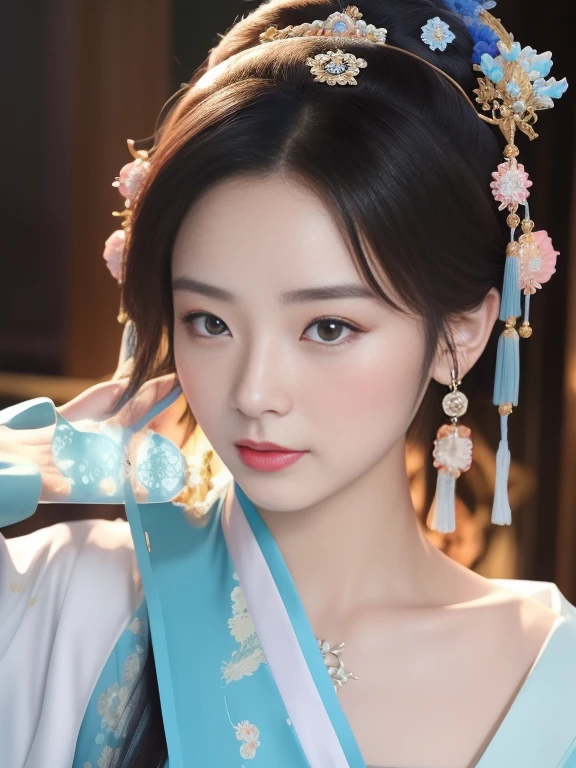 One dressed in blue、Close-up of woman wearing headdress, 宮 ， A girl in Hanfu, beautiful fantasy empress, chineseidol, ChineseGirl, Traditional beauty, ((beautiful fantasy empress)), Hanfu, Belle peinture de personnage, white hanfu, chinese fantasy, Chinese traditional, gorgeous chinese models, Cute and delicate face, EtherealBeauty, China Princess