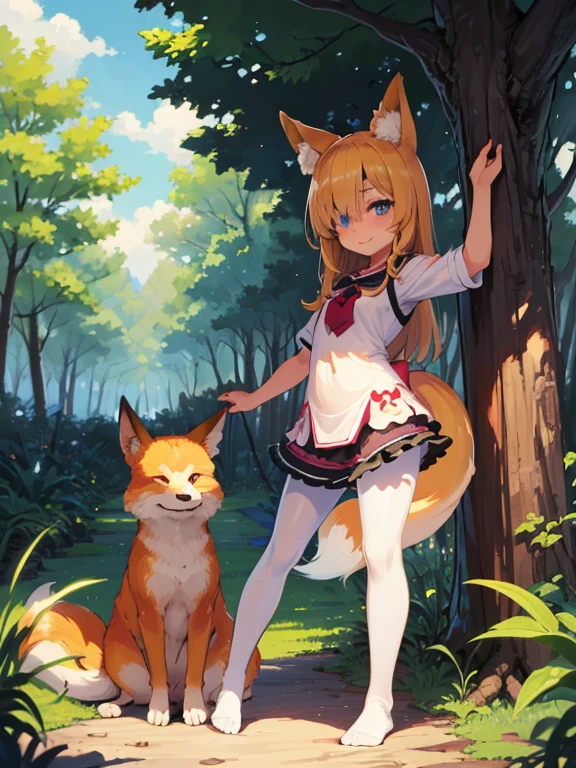 HDR, Excellent quality, 1. A girl, (standingn:1.4) sideways, leg bent at the knees, (pantyhouse:1.3), (no shoes):1.2, One arm raised up, petite curvy loli,one eye covered, Fox ears, Foxtail, short tail, One Tail, with a beautiful face, ssmile, woods