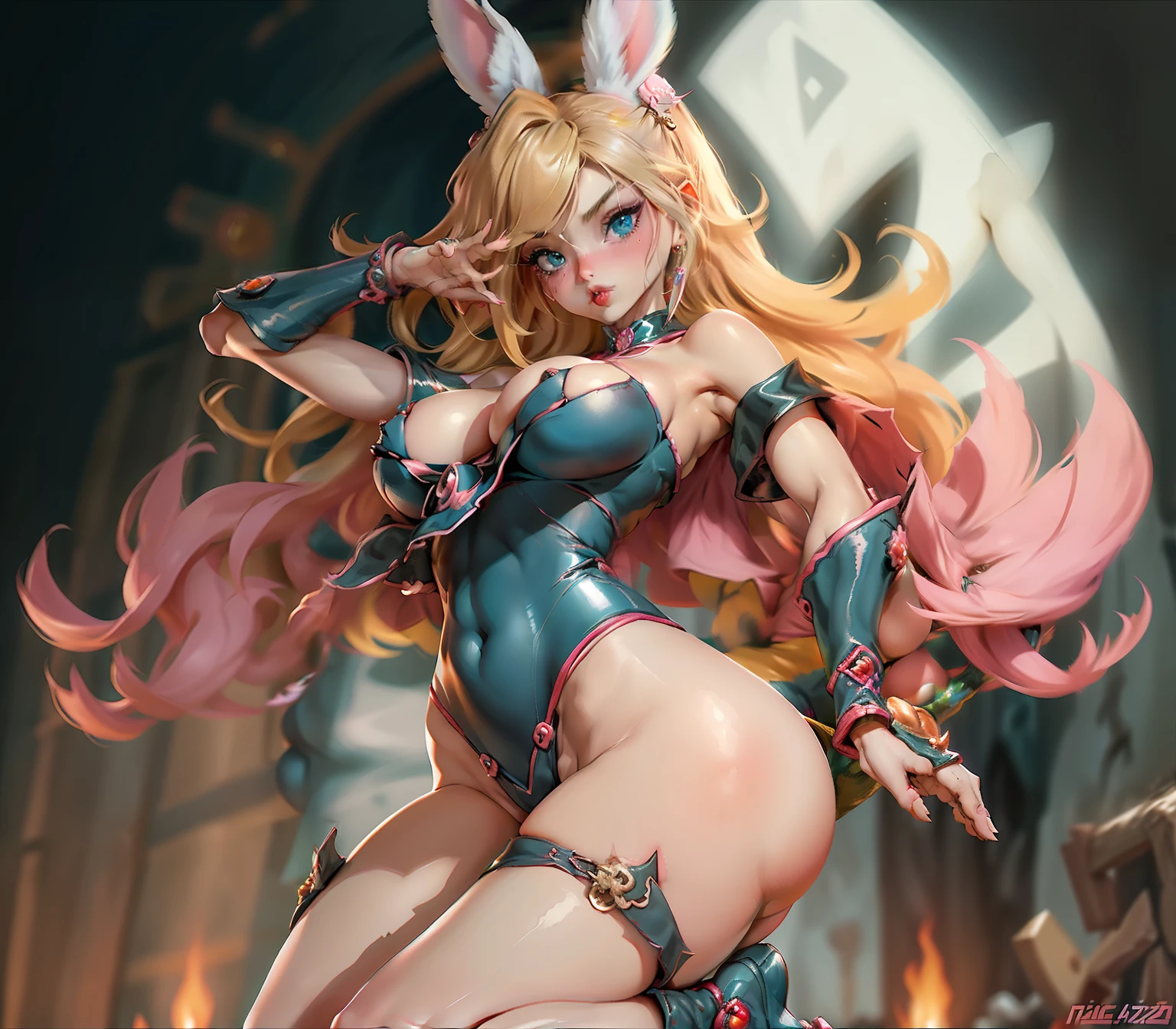 Mujer rubia con orejas de conejito. Ojos azules. Labios rojos, tendida en el suelo con las piernas cruzadas, Dulce conejita ultrarrealista, Anime Barbie en Medias Blancas, pierna de conejito, Conejita, Medias largas y blancas, pose muy sexy, Cara bonita con brazos y piernas, Lola Bunny Fanart, Conejito Playboy, pose sexy, con orejas de conejo, con orejas de conejo, Medias blancas. Pose sejustiva y sensual