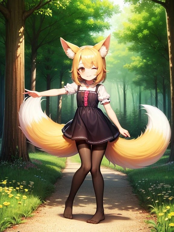 HDR, Excellent quality, 1. A  girl, (standingn:1.4) sideways, leg bent at the knees, (pantyhouse:1.3), (no shoes):1.2, One arm raised up, petite curvy loli,one eye covered,  Fox ears, Foxtail, short tail, One Tail, with a beautiful face, ssmile, woods