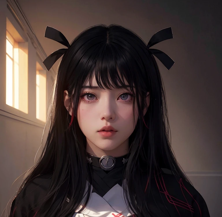 Chica anime con cabello largo y negro, lazos de color rojos sobre su cabello, realistic anime artstyle, Hermoso retrato de anime, Impresionante retrato de cara de anime, sus ojos son de color rojo, iris color rojo, piel palida, boca rosada, mirada profunda, lleva un uniforme de japones de esculela color negro, japonesa, obra de arte, dream lighting, aula de clases, mirada profunda