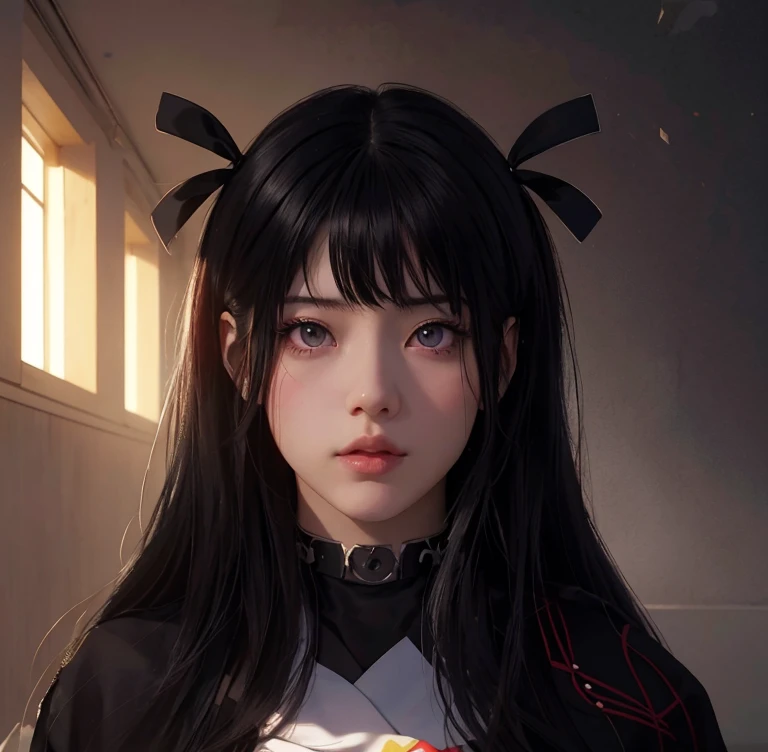 Chica anime con cabello largo y negro, lazos de color rojos sobre su cabello, realistic anime artstyle, Hermoso retrato de anime, Impresionante retrato de cara de anime, sus ojos son de color rojo, iris color rojo, piel palida, boca rosada, mirada profunda, lleva un uniforme de japones de esculela color negro, japonesa, obra de arte, dream lighting, aula de clases, mirada profunda