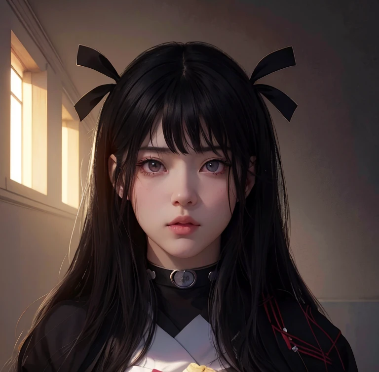 Chica anime con cabello largo y negro, lazos de color rojos sobre su cabello, realistic anime artstyle, Hermoso retrato de anime, Impresionante retrato de cara de anime, sus ojos son de color rojo, iris color rojo, piel palida, boca rosada, mirada profunda, lleva un uniforme de japones de esculela color negro, japonesa, obra de arte, dream lighting, aula de clases, mirada profunda