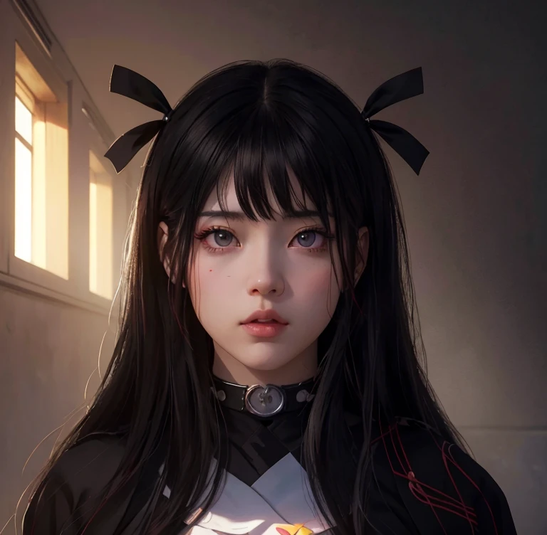 Chica anime con cabello largo y negro, lazos de color rojos sobre su cabello,  realistic anime artstyle, Hermoso retrato de anime, Impresionante retrato de cara de anime, sus ojos son de color rojo, iris color rojo,  piel palida, boca rosada, mirada profunda, lleva un uniforme de japones de esculela color negro, japonesa, obra de arte, dream lighting, aula de clases, mirada profunda