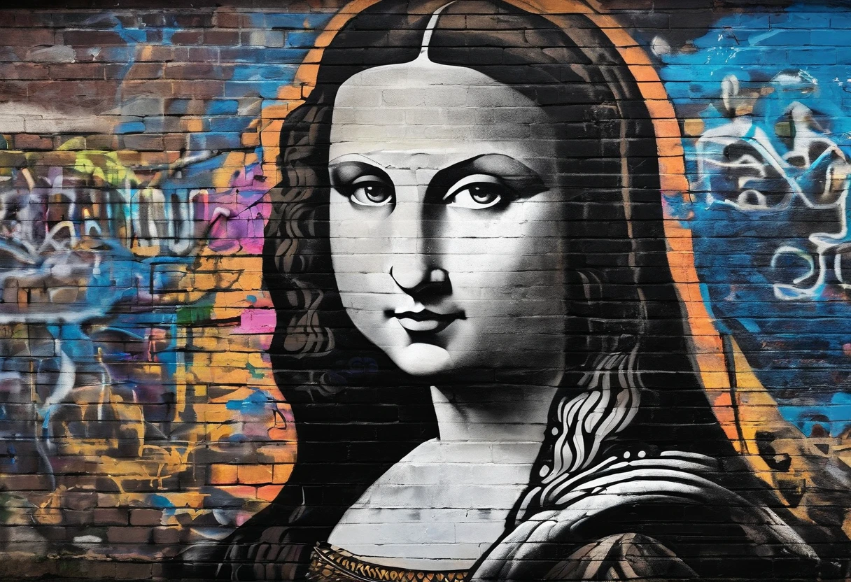 retrato de la Gioconda, oscuridad, rotulador negro, trazos negros muy marcados, heavy oil, fondo negro, stone texture, in the style of Leonardo