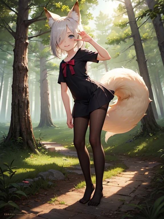 HDR, Excellent quality, 1. A girl, (standingn:1.4) sideways, leg bent at the knees, (pantyhouse:1.3), (no shoes):1.2, One arm raised up, petite curvy ,one eye covered, Fox ears, Foxtail, short tail, One Tail, with a beautiful face, ssmile, woods