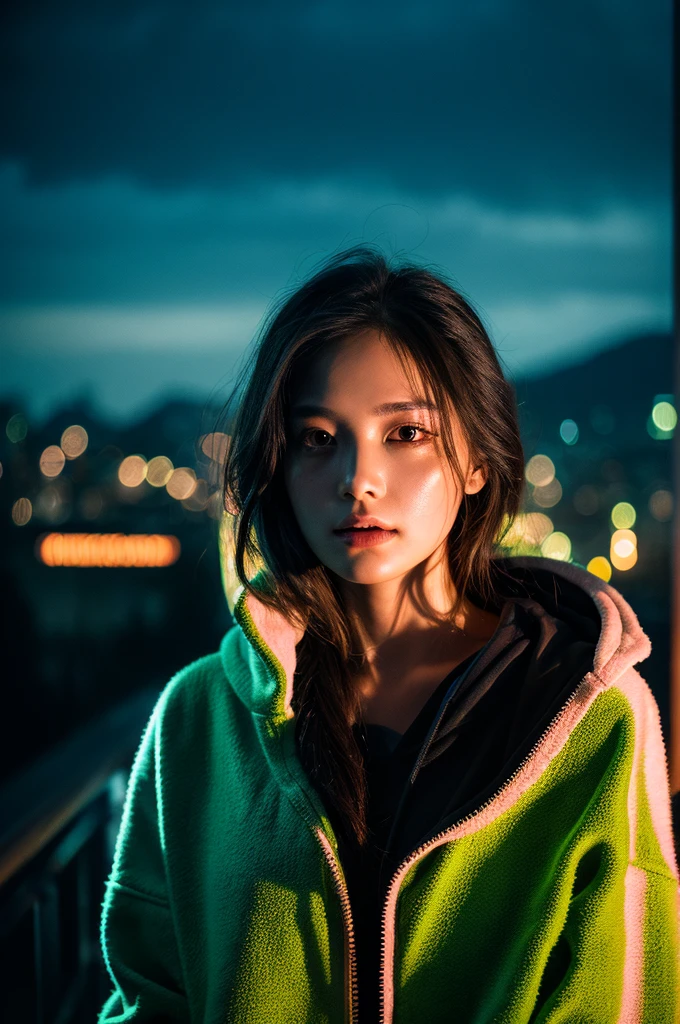 Fashion Portrait Color Photo, Woman, Neon light、large hoodie、Ultra-detailed,High resolution,super detailed skin, Professional Lighting,Landscape of the near future