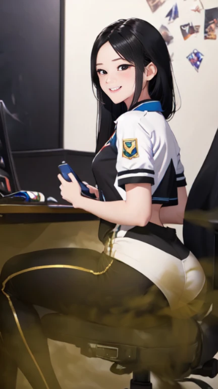 ((velocity)),Attacked by farts, (((Women farting))),(girl farting while seat on seat and playing game on phone)),smiled,blushing,velocity,(a female pro player), (wearing a RRQ mobile legend uniform),(sit facing the screen),(her butt facing the screen)) (longhair black hair),(Asian woman),(gaming tournament),(masterpiece:1.2、top-quality)、(the Extremely Detailed CG Unity 8K Wallpapers、ultra-detailliert、Best Shadows)、(细致背景)、(The best lighting、extremely delicate and beautiful)、depth of fields、1girl in、独奏、upward looking gaze、