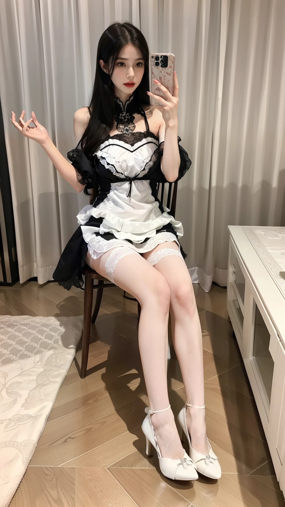 8K, RAW photos, Best quality, Masterpiece: 1.2),(best qualtiy，8K, Yes，32K，masterpiece，hyper HD：1.2) , 20 years old, there is a asian woman in a black and white dress sitting on the floor, gorgeous maid, maid dress, cosplay of a catboy! maid! dress, maid outfit, anime girl in a maid costume, maid, anime girl cosplay, maid costume, wearing maid uniform,  in dress, full body xianxia, trending at cgstation, cosplay photo, wan adorable asian face, maid, cleveage, model body type