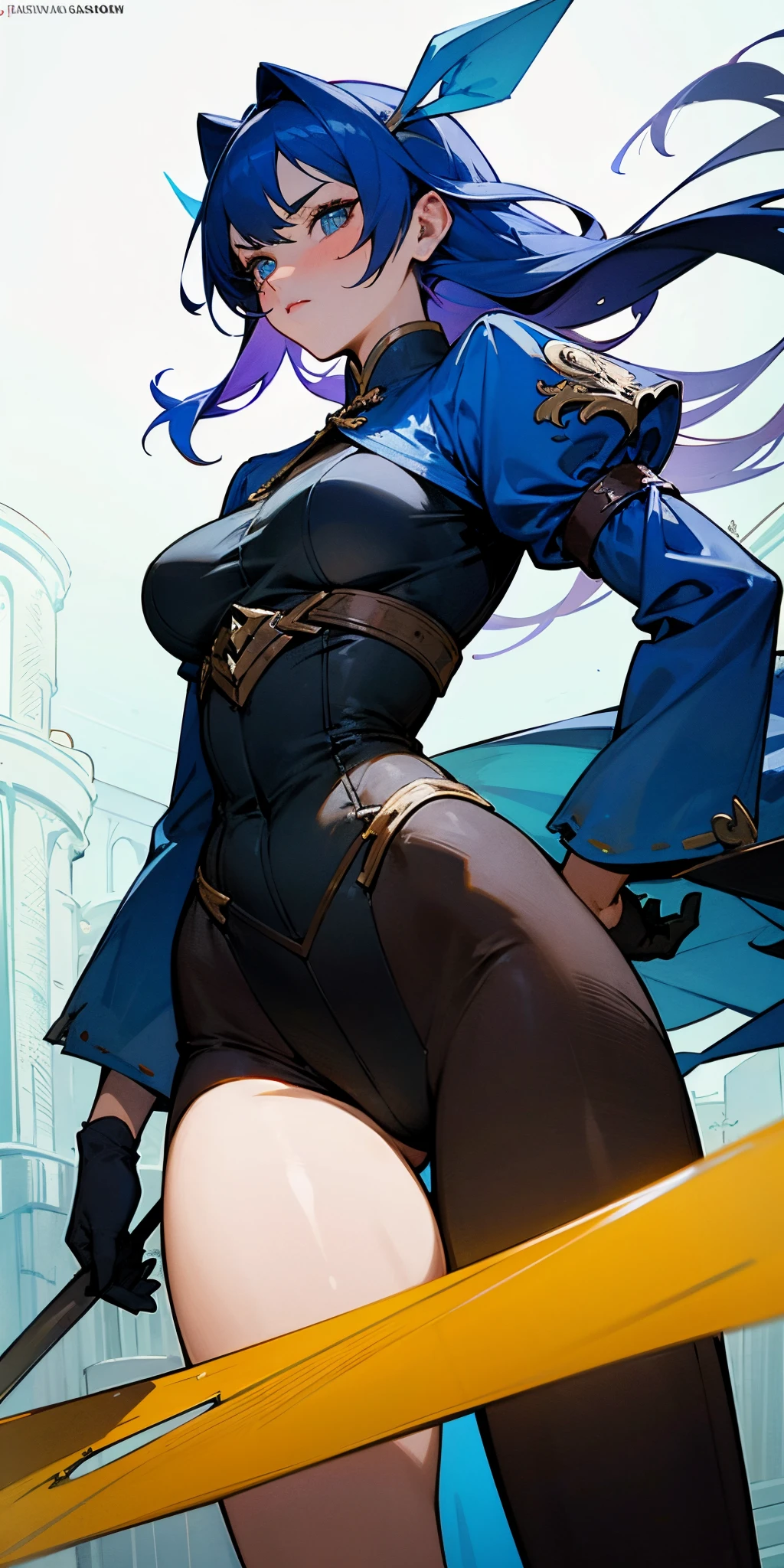 White hair , short hair, pinched eyes, (big-:1.5), Thin legs, thin body, leather collar, Maid outfit victorian, dynamic pose, full body, view from below, wide hips, kneel on the sheet in bed. purple skin, drow elf