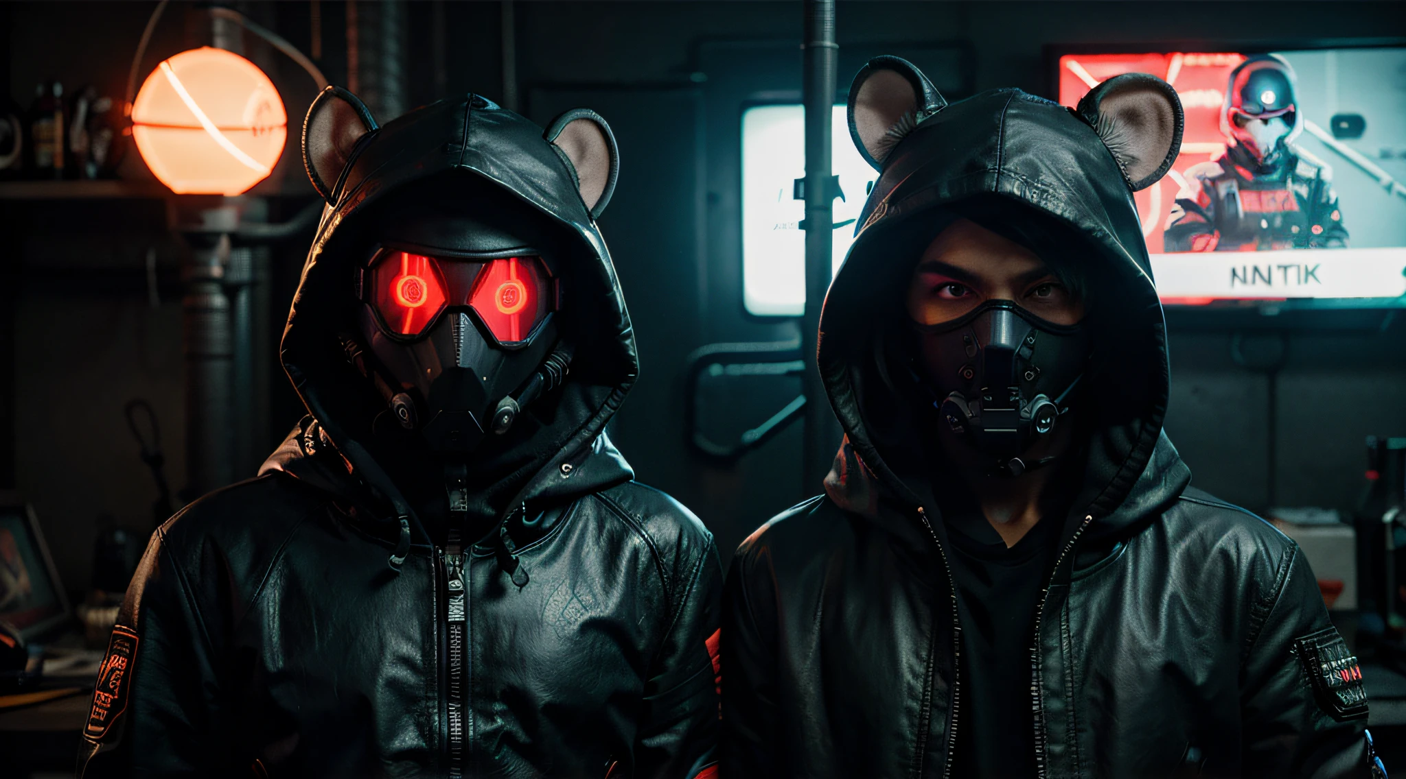 CyberpunkAI, Human with rat mask, neon, 1boy, elf, neon hair, neon eyes, black leather jacket,sniper rifle, hood up, sneaking, mask,goggles, baseball bat.
