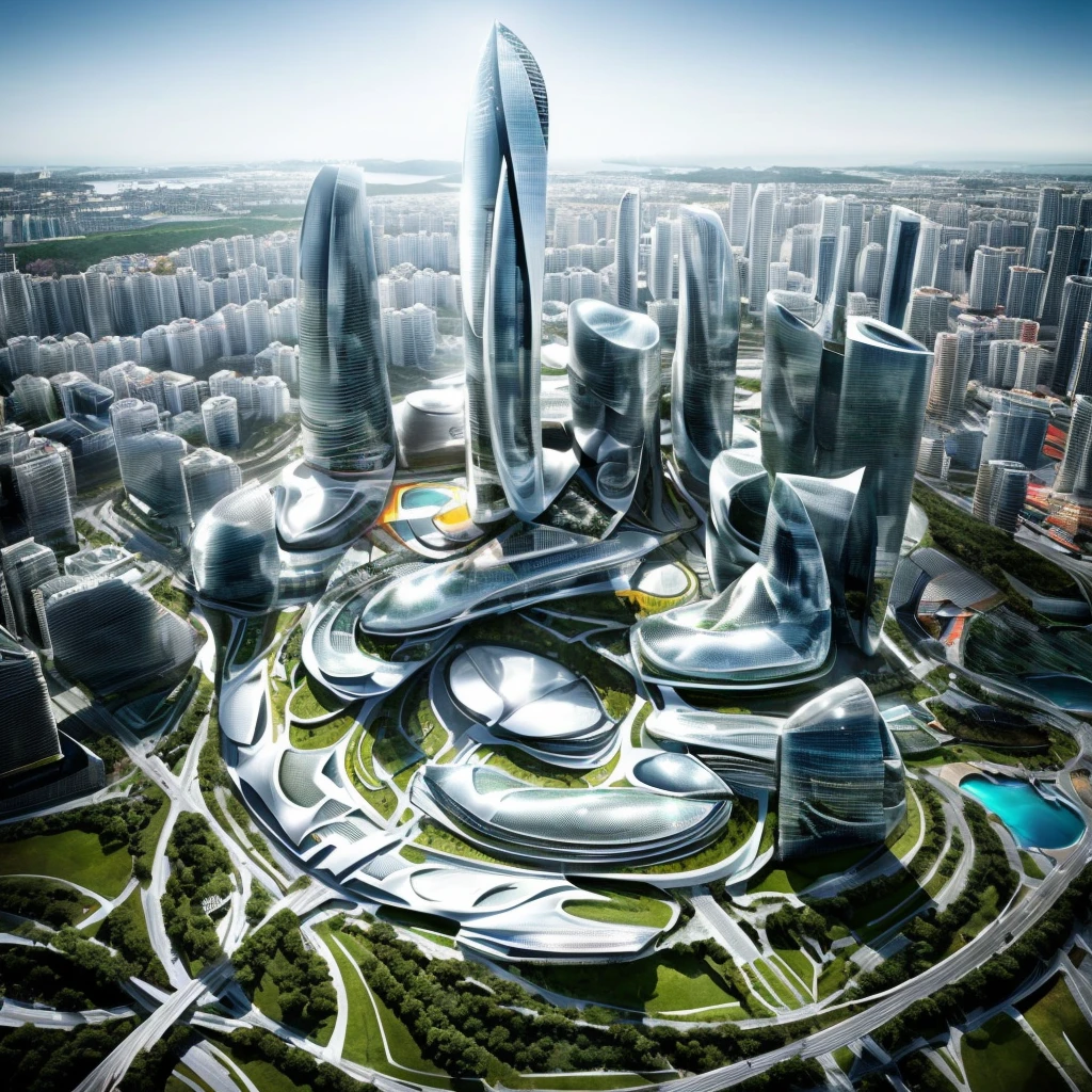 (ultra realista, 8K, great colors and lighting) cidade futurista, several huge buildings, an immense central building, cidade tecnologica