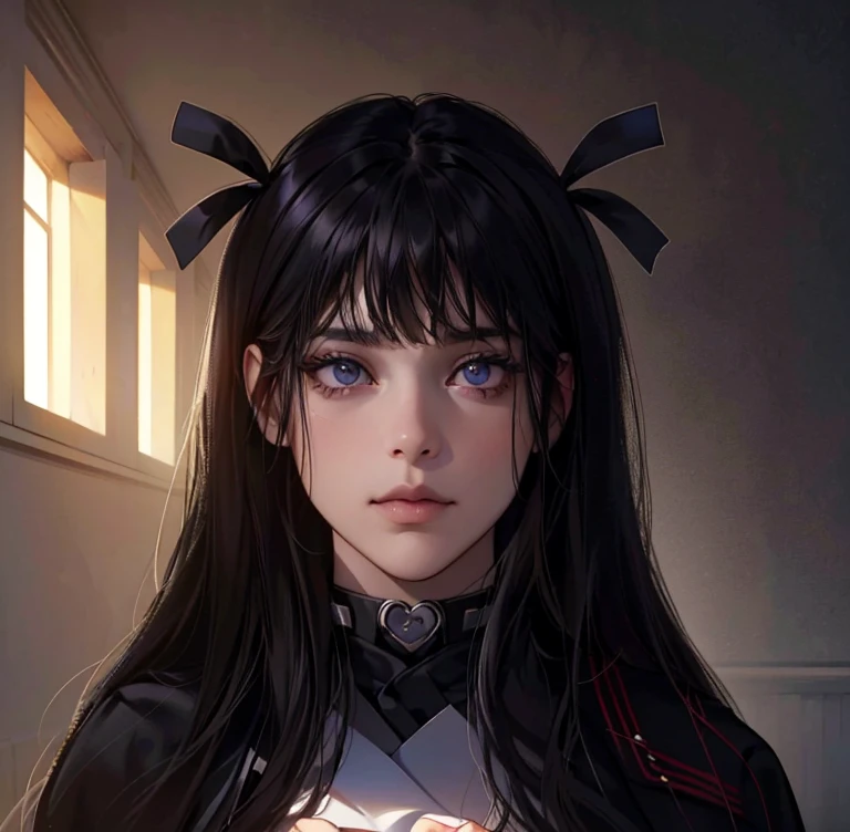 (Masterpiece, Arte digital, Digital illustration, 4k, 8k, Ultra detallado, hermosa imagen, sharp picture, Cara perfecta, perfect lines, ojos perfectos, Soft lighting) 1 mujer, (cabello nego, mirada inocente, cejas delicadas, iris rojo, ojos hermosos, ojos brillantes, ambos ojos son iguales, ojos simetricos, iris del ojo color rojo, lindos ojos grandes,maquillaje natural,sonrisa amable, cuerpo delgado, cuerpo perfecto, cuerpo delicado, senos grandes, small waist, caderas redondas, alta, chica alta, de pie), Un aula llena de luZ, estudiando, leyendo un libro, black seifuku, black uniform