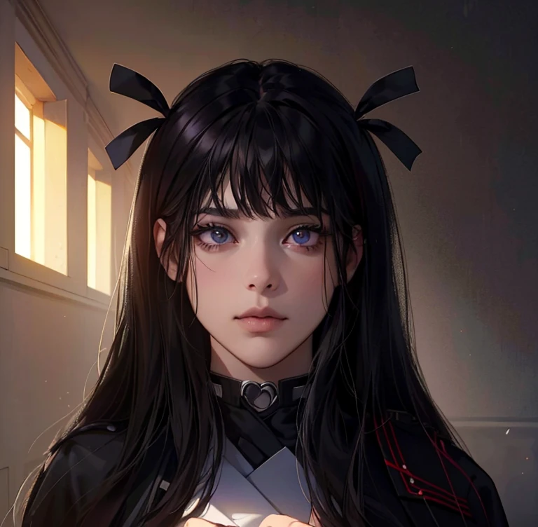 (Masterpiece, Arte digital, Digital illustration, 4k, 8k, Ultra detallado, hermosa imagen, sharp picture, Cara perfecta, perfect lines, ojos perfectos, Soft lighting) 1 mujer, (cabello nego, mirada inocente, cejas delicadas, iris rojo, ojos hermosos, ojos brillantes, ambos ojos son iguales, ojos simetricos, iris del ojo color rojo, lindos ojos grandes,maquillaje natural,sonrisa amable, cuerpo delgado, cuerpo perfecto, cuerpo delicado, senos grandes, small waist, caderas redondas, alta, chica alta, de pie), Un aula llena de luZ, estudiando, leyendo un libro, black seifuku, black uniform