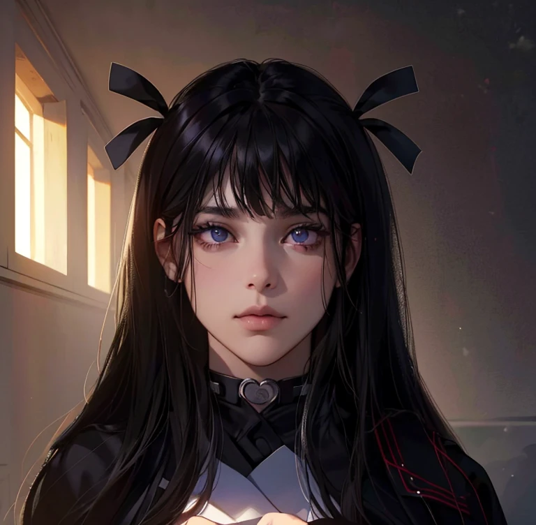 (Masterpiece, Arte digital, Digital illustration, 4k, 8k, Ultra detallado, hermosa imagen, sharp picture, Cara perfecta, perfect lines, ojos perfectos, Soft lighting) 1 mujer, (cabello nego, mirada inocente, cejas delicadas, iris rojo, ojos hermosos, ojos brillantes, ambos ojos son iguales, ojos simetricos, iris del ojo color rojo, lindos ojos grandes,maquillaje natural,sonrisa amable, cuerpo delgado, cuerpo perfecto, cuerpo delicado, senos grandes, small waist, caderas redondas, alta, chica alta, de pie), Un aula llena de luZ, estudiando, leyendo un libro, black seifuku, black uniform