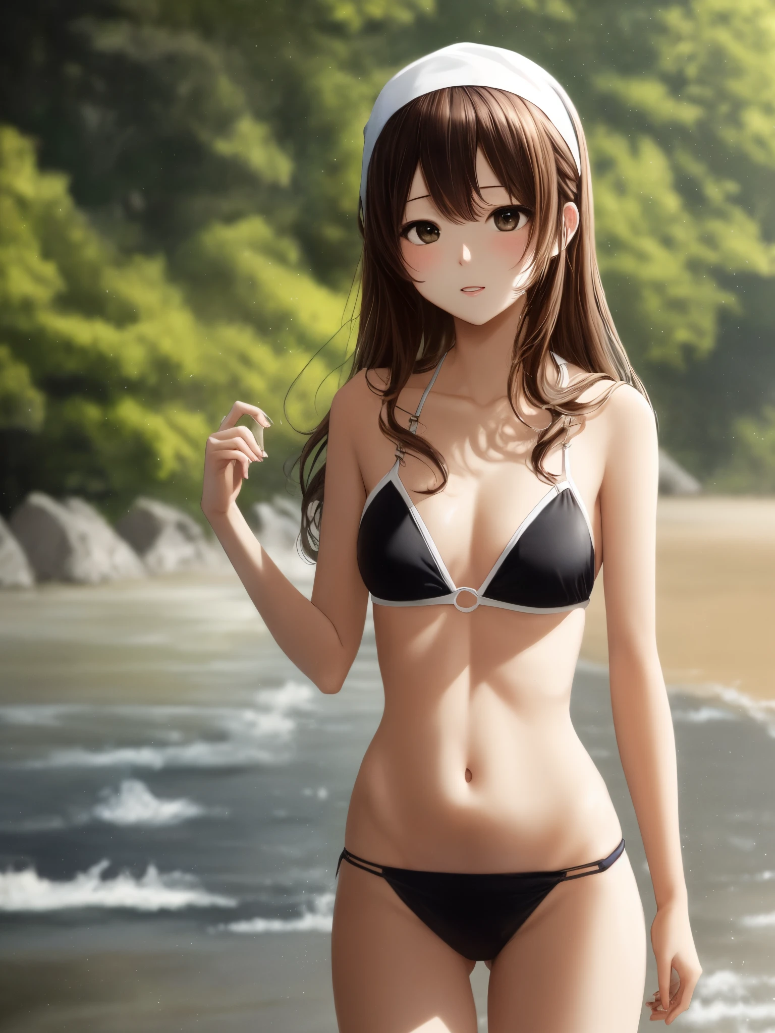 lighting like a movie、qualidade superior、Vestindo suor、cheio de suor、Riverside、brown hair、Enorme teto、bunda grande、bikini white、Frolicking 、