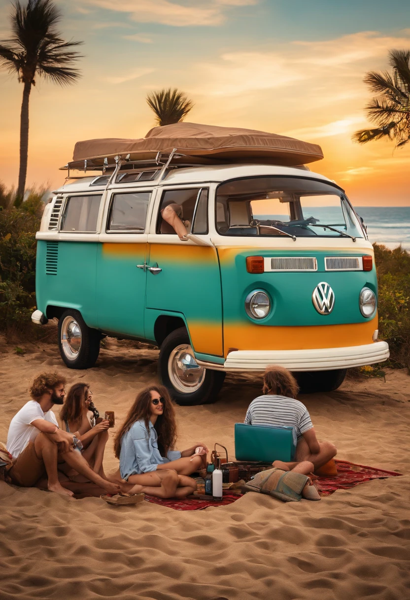 A photo of the character and a group of friends enjoying a wake and bake session in a cozy and colorful VW camper van, parked by the beach.,original,long hair, scruffy dressed, always has a bong in hand, male
