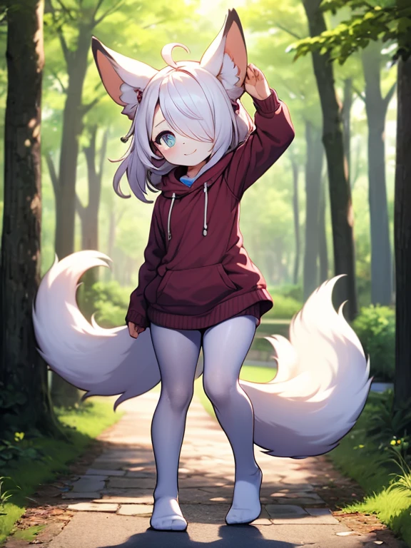 anthro boy cat, long hair, cat tail, solo, furry, furry boy, (girly, young, gray fur, gray body, blue eyes, gray hair:1.2), (panties, green sweater), (detailed background, park, day, summer, gray background), pose, bow collar
