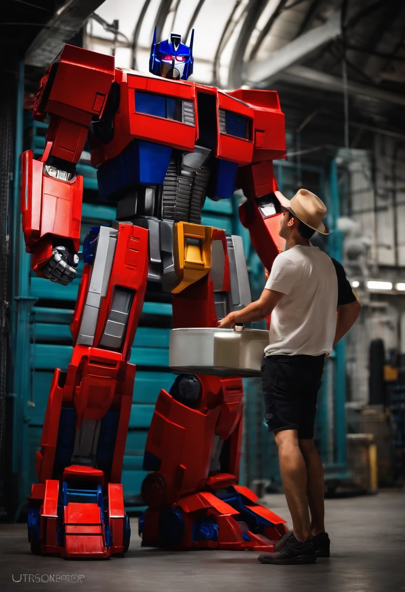 A photo of me and Optimus Prime inspecting the new energon reserves in the Autobot storage bay,Transformers series,bumblebee transformer autobot, male