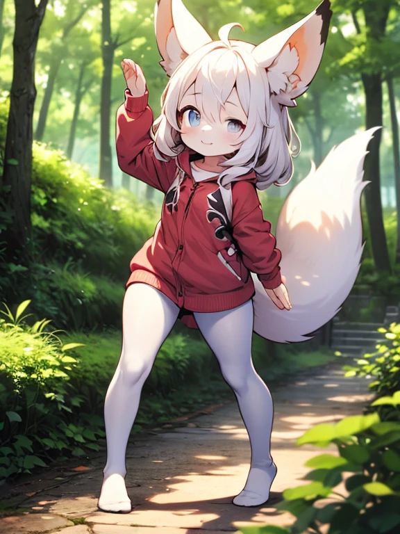 HDR, Excellent quality, 1. A girl, (standingn:1.4) sideways, leg bent at the knees, (pantyhouse:1.3), (no shoes):1.2, One arm raised up, petite curvy loli,one eye covered, Fox ears, Foxtail, short tail, One Tail, with a beautiful face, ssmile, woods