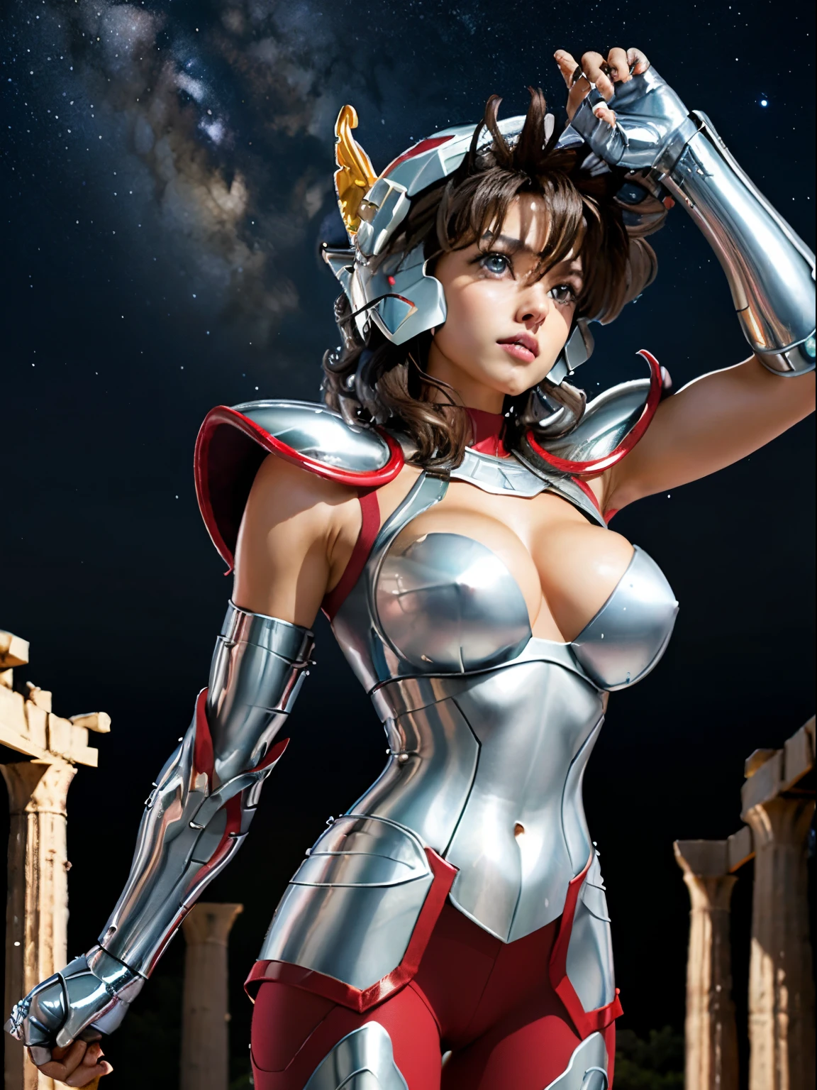 masterpiece, best quality, ultra high res, realistic skin texture,silver armor, armature, (photorealistic:1.4), high resolution, raw photo, 1 girl, shiny skin, (detail skin:1.2), realistic skin texture, best lighting, wearing red pants, (perfect breast:1.3), sparkle, mecha armor, (short hair:1.2), (Pegasus Seiya:1.2), wearing a winged helmet, dramatic lighting, dynamic pose, (greek temple background:1.3), night sky, cosmos, milky way,