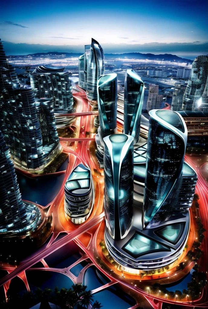 (ultra realista, 8K, great colors and lighting) cidade muito grande, cidade linda, kilometer-high buildings, de noite, Amazing lighting, amazing beautiful city, futurista, cidade perfeita