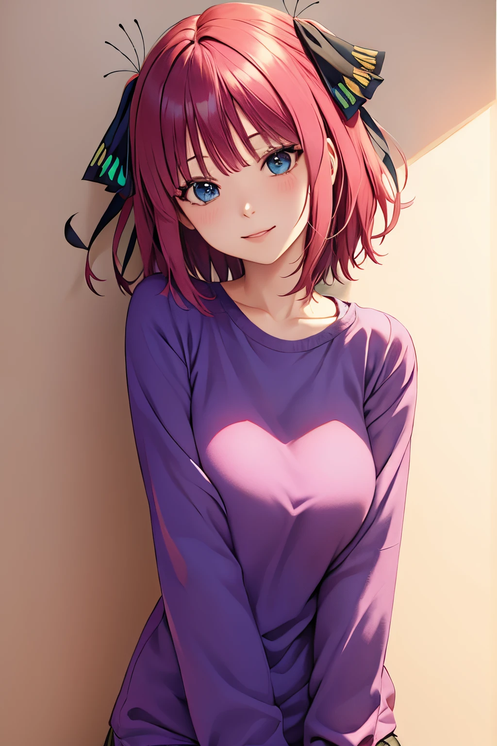 nino nakano, short hair, bangs, blue eyes, hair ornament, hair ribbon, pink hair, blunt bangs, two side up, butterfly hair ornament, seios grandes, sorriso leve, pose fofa, Melhor Anime 4K Konachan Wallpaper, Estilo anime 4K, Arte Oficial, arte anime de alta qualidade, 4k anime wallpapers ((obra-prima)), (tilt your head to the side:1.5), dia, sala, profundidadede campo,