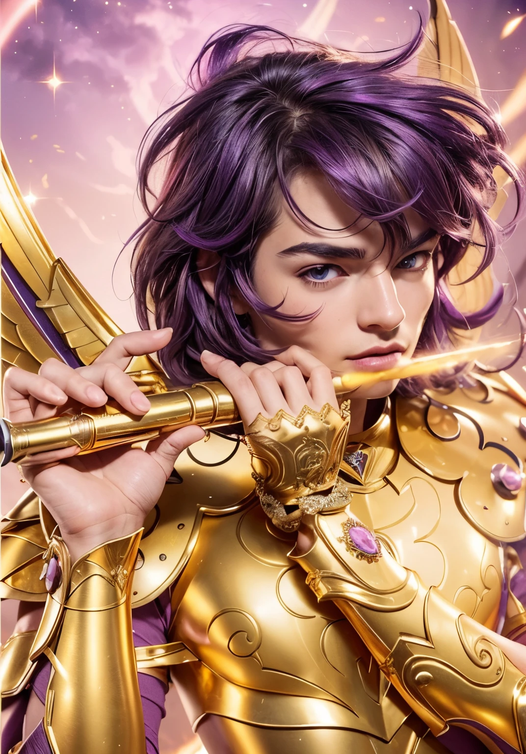 (masterpiece), (photorealistic), close up portrait of a man, (male), 25 years old, Austrian (1boy), solo, slightly low view, slightly side view, ((pretty big pink eyes)), pacific expression, pretty handsome man, detailed face, wearing an medieval armor, (full body armor), (full golden armor), chrome golden armor, (two shades of gold armor), (detailed armor), (ornate armor), (golden wings), short purple hair, ((messy hair)), (hair blowing in wind), (hair bangs), (((playing a transverse golden flute))), ((perfect transverse golden flute)), bright aura emanating by him, cosmic pink light background, cinematic lighting.