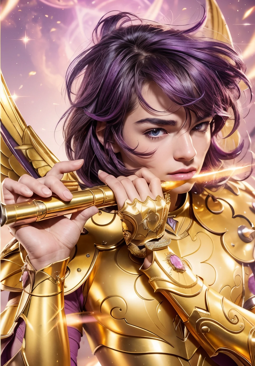 (masterpiece), (photorealistic), close up portrait of a man, (male), 25 years old, Austrian (1boy), solo, slightly low view, slightly side view, ((pretty big pink eyes)), pacific expression, pretty handsome man, detailed face, wearing an medieval armor, (full body armor), (full golden armor), chrome golden armor, (two shades of gold armor), (detailed armor), (ornate armor), (golden wings), short purple hair, ((messy hair)), (hair blowing in wind), (hair bangs), (((playing a transverse golden flute))), ((perfect transverse golden flute)), bright aura emanating by him, cosmic pink light background, cinematic lighting.