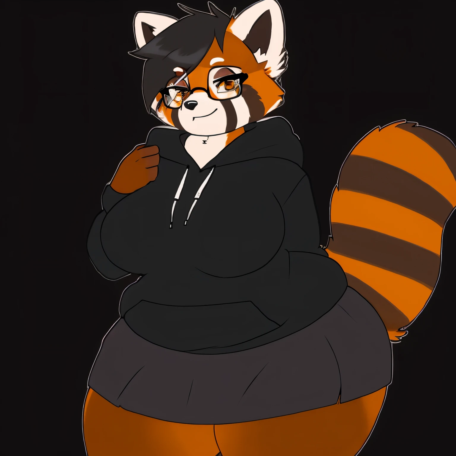 An anthro Red Panda that has a curvy and voluptuous body. It wears a black shirt with a black and grey short sleeve hoodie and black shorts with a skirt. It also wears headphones around its neck and wears glasses. It has Amber eyes.
