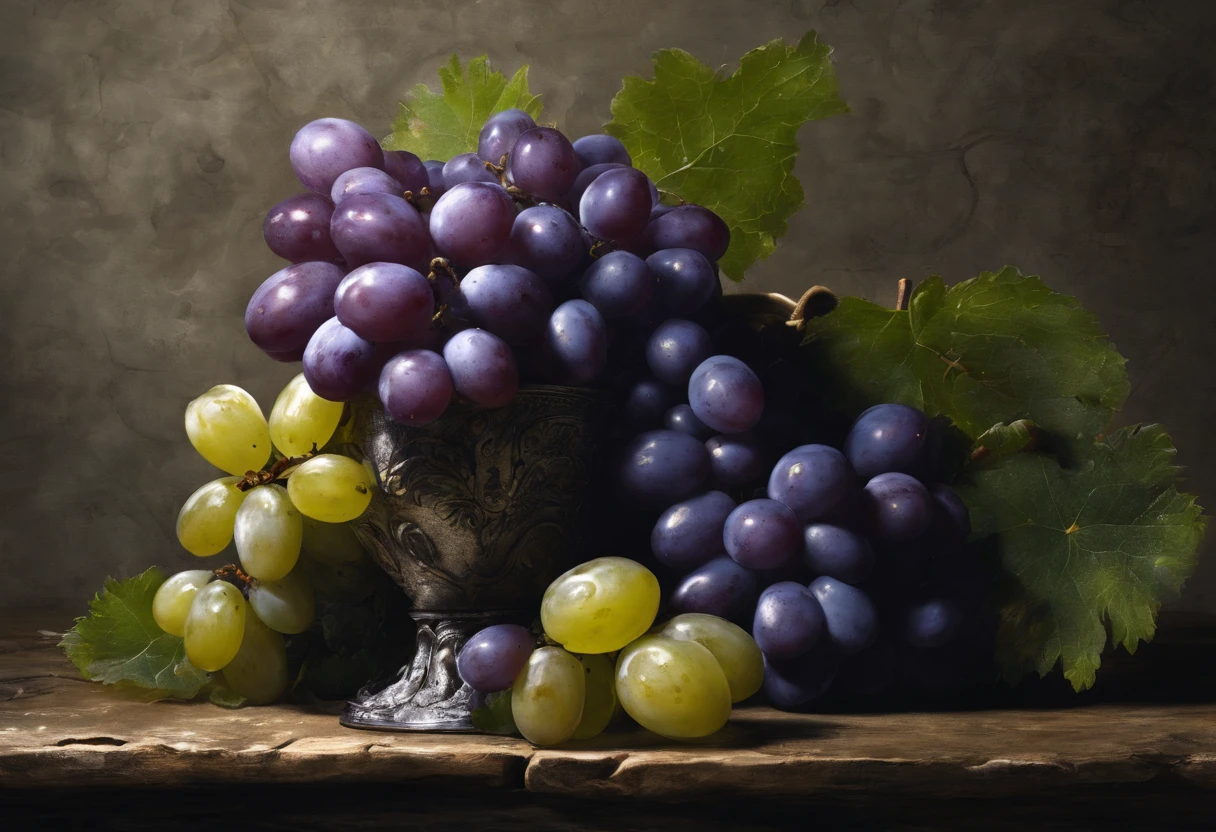 still life with grapes, oscuridad, rotulador negro, trazos negros muy marcados, heavy oil, fondo negro, stone texture, in the style of Basquiat