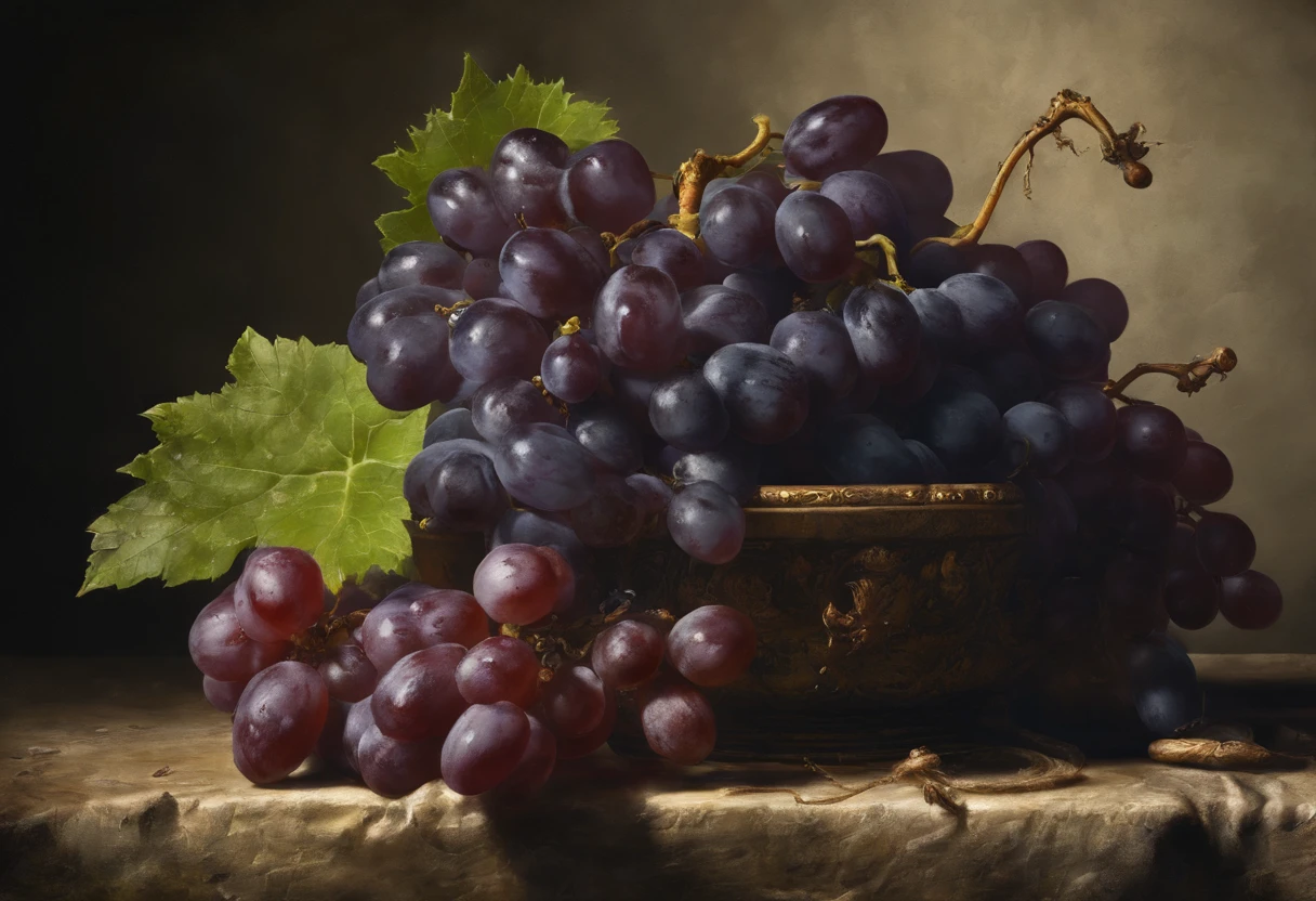 still life with grapes, oscuridad, rotulador negro, trazos negros muy marcados, heavy oil, fondo negro, stone texture, in the style of Basquiat
