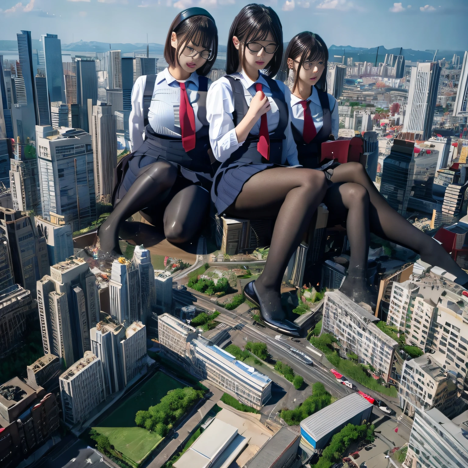 Multiple girls, giantess art, a hyperrealistic schoolgirl, , highly detailed giantess shot, der riese, Shorthair, Black pantyhose, Giant high school girl much bigger than a skyscraper。Wearing rimless glasses。Colossal tits。Navy blue blazer、Red tie、Mini Length Skirt、Black pantyhose、I'm not wearing shoes.。very small metropolis。miniature metropolis。In a miniature metropolis just a few feet tall.、squatting and urinating。Urine that comes out forcefully。torrent of urine。The city sinks into a sea of urine。Small trains and cars are washed away with urine.。Full body depiction。nffsw, der riese, Black pantyhose, Pantyhose legs, Pantyhose feet, ,Stomping City,crash city,Small town,micro city, Peeing,