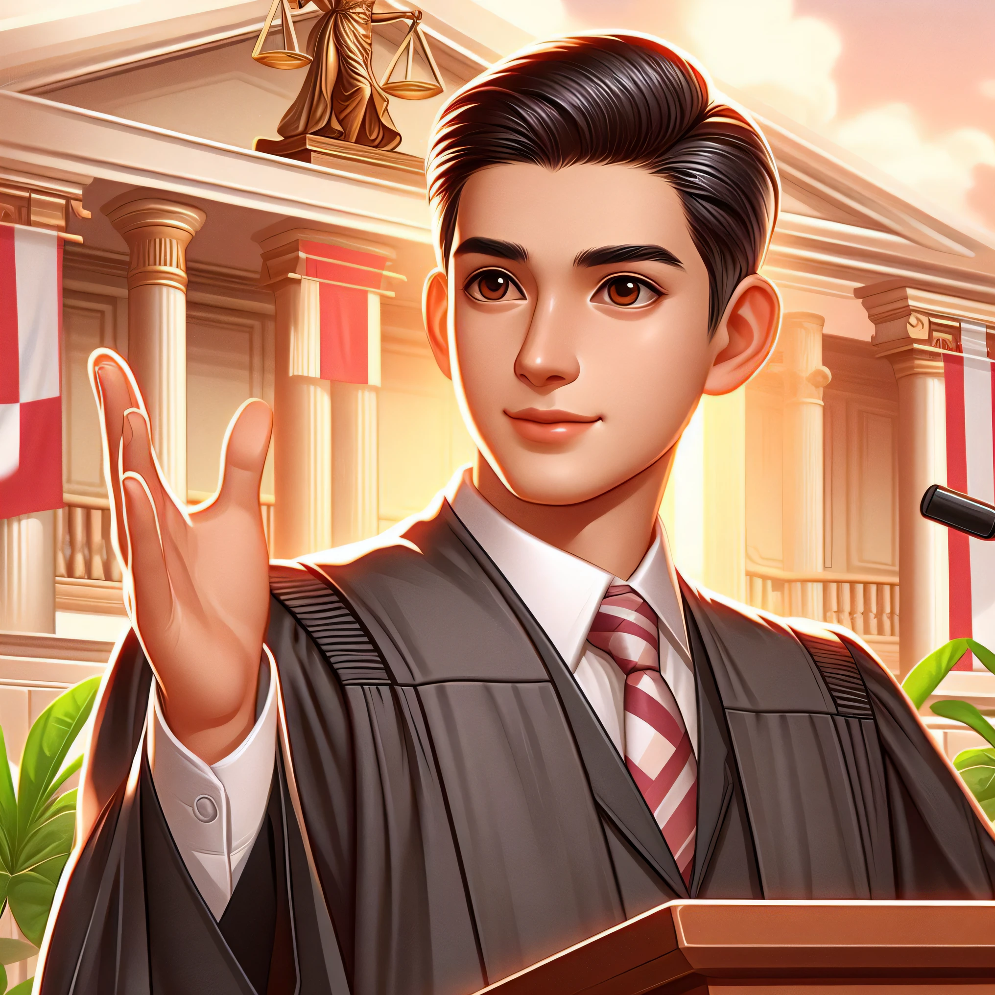 a close up of a person giving a peace sign in front of a building, lawyer, justin sun, ace attorney style, phoenix wright, ace attorney, court politics, accurate court, dressed as a judge's robes, background artwork, lawyer suit, in phoenix wright ace attorney, court room, in court, justice, final judgement, judge, fined detail, judge judy