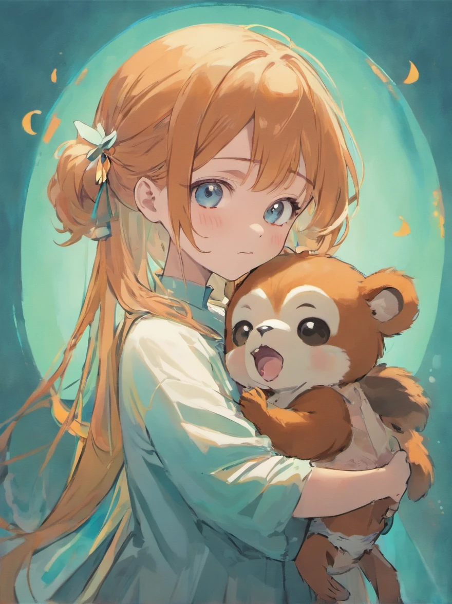 A little super cute girl with a bow in her hair, holding a baby orangutan in her arms. The illustration is done in a soft pastel blue color scheme, giving it a dreamy and whimsical feel. The girl is dressed in a cool and stylish outfit, with hints of neon and futuristic elements. The orangutan is portrayed with big, soulful eyes and a playful expression. The overall mood is heartwarming and endearing, appealing to both children and adults alike.