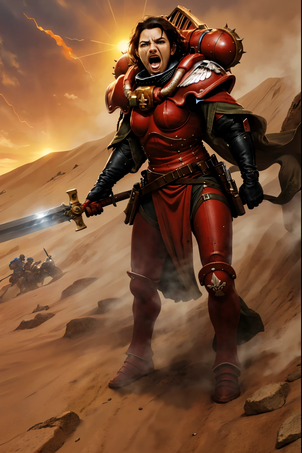 (comic style:1.2), cowboy shot, photo of a group of adepta sororitas, order of (bloody rose:1), wearing full armor, armor, helm details, full red armor with bronze detail, bronze trimmings, holding gun, holding sword,
battle, army, firing, gun, multiplegirls, one-knee, open-mouth, screaming, tense facial expression, angry facial expression,
standing by desert storm, sandstorm, dune, dark ambiance, ((dawn:1.2)), dim sun light,