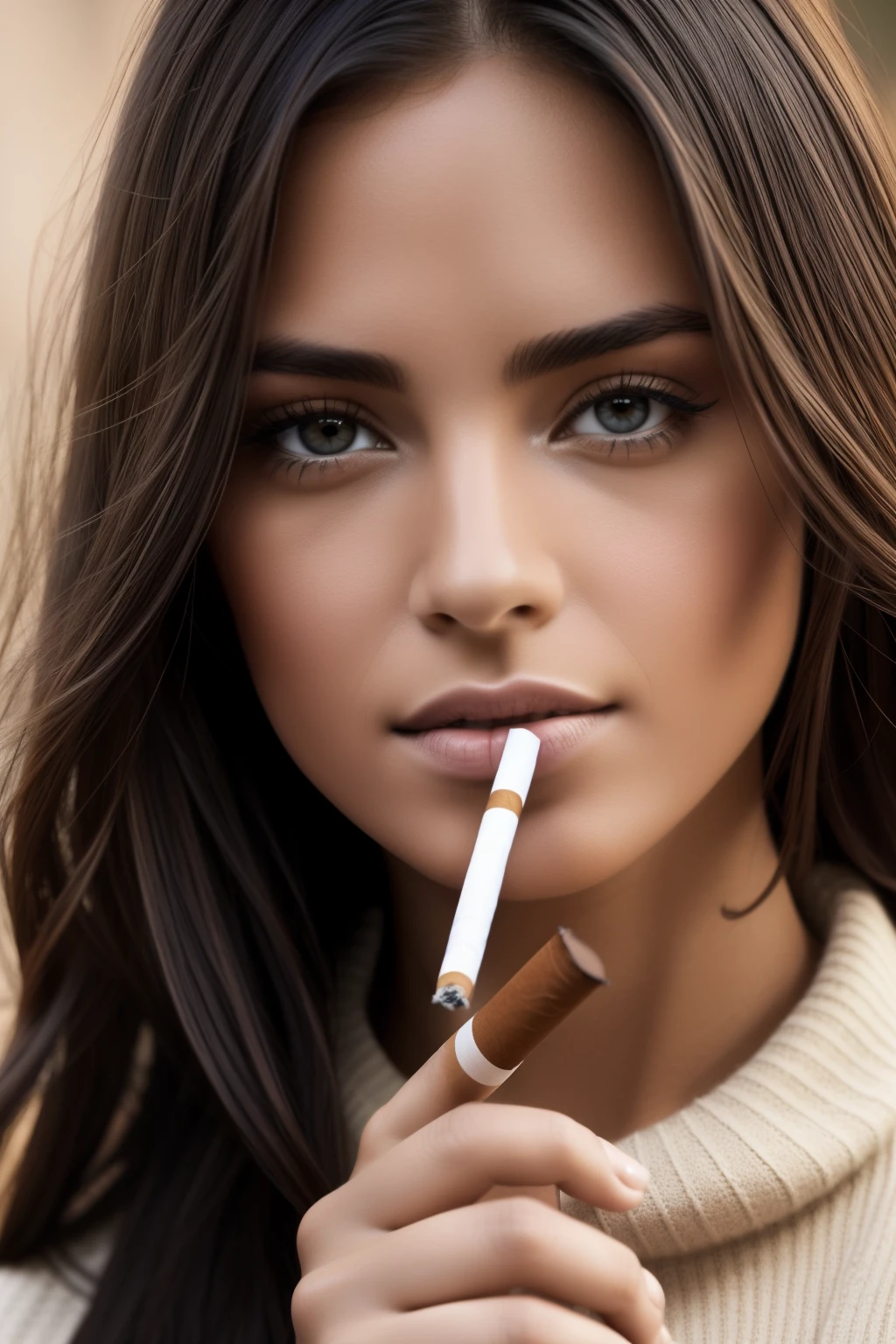 Photograph of a beautiful girl, En train de fumer une 🚬 (cigarette smoke, Smoke effect), wear an autumn sweater, long hair on one side, buste lourd 36DD, Look into the camera, eyes symmetrical, symmetrical face, photoreallistic, photographie, Path layout, specular lighting, Volumetric facial light, Hair path, Ombres visibles, complexe, elaborate