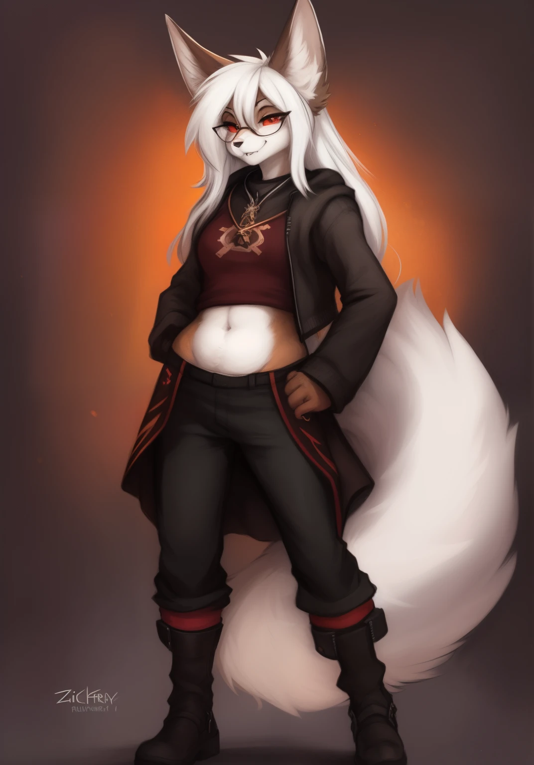 by Zackary911, by Kenket, by Kilinah, by fluff-kevlar, anthro, mommy female white fennec fox, solo, long white hair, red eyes, fangs, full body, one big tail, dark background. dark priest with balck and red cloack open belly, third eye, round glasses, full body concept, realism