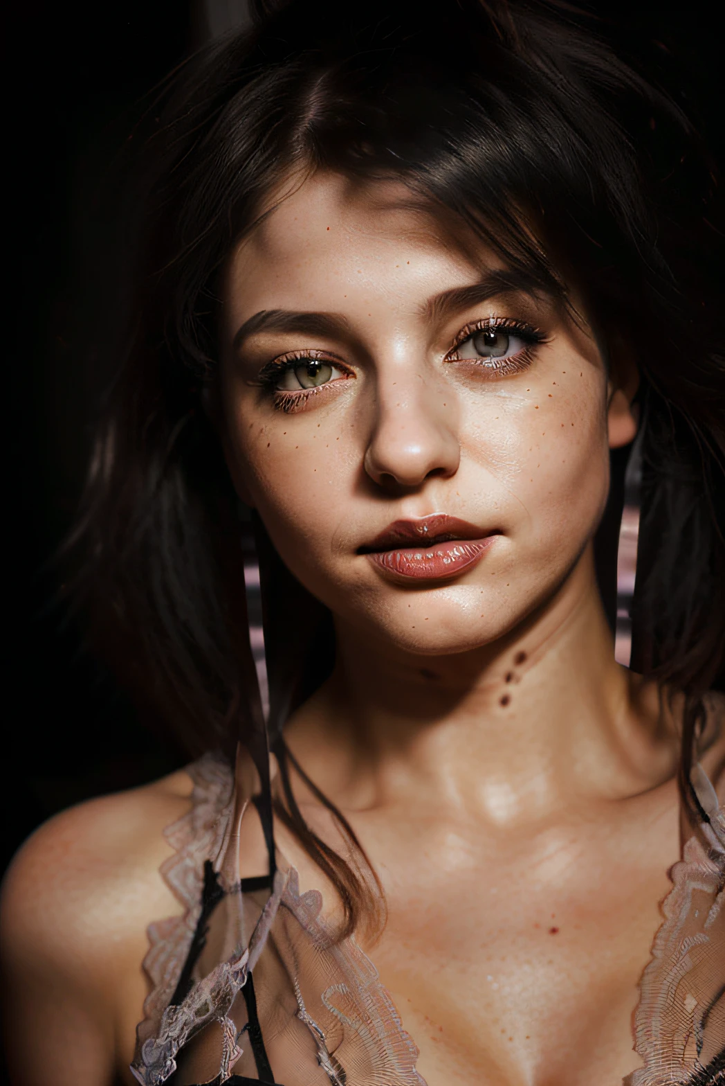 Very beautiful princess with bright eyes, 35 year old mature woman, Serious expression, rage, Ultra-realistic, Very detailed, Dynamic facial expressions, large natural breasts, Pastel purple garter set, Fine and beautiful eyes,Beautiful lip detail,Very detailed目と顔,Long eyelashes, Detailed face, masterpiece, 最high quality, high quality, High resolution, (((Upper body portrait)))、sexy、In a dark cave