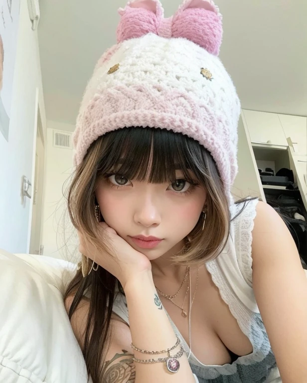 Chica vestida de arafly con un gorro de gatito rosa y piercings., Hermosa Delphine, con un lindo sombrero, Smol Gato esponjoso con sombrero Smol, Lleva un lindo sombrero, flequillo esponjoso, Ella tiene el pelo negro con flequillo, con flequillo, Linda chica kawaii, muy hermosa linda catgirl, con flequillo completo, Lalisa Manobal, Sakimichan
