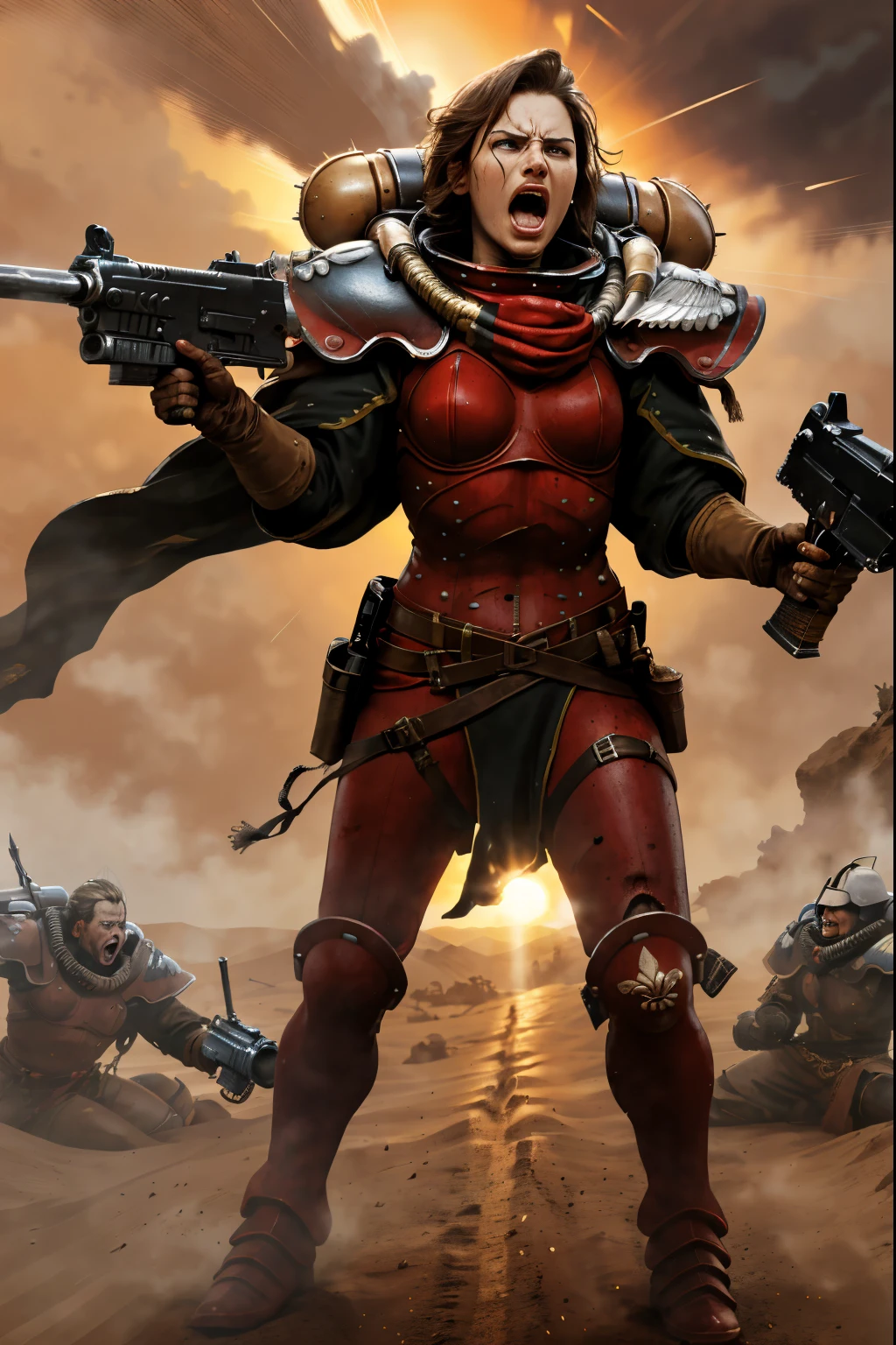 (comic style:1.2), cowboy shot, photo of a group of adepta sororitas, order of (bloody rose:1), wearing full armor,  armor, helm details,  full red armor with bronze detail, bronze trimmings, holding gun, holding sword, 
battle, army, firing, gun, multiplegirls, one-knee, open-mouth, screaming, tense facial expression, angry facial expression, 
standing by desert storm, sandstorm, dune, dark ambiance,  ((dawn:1.2)), dim sun light,