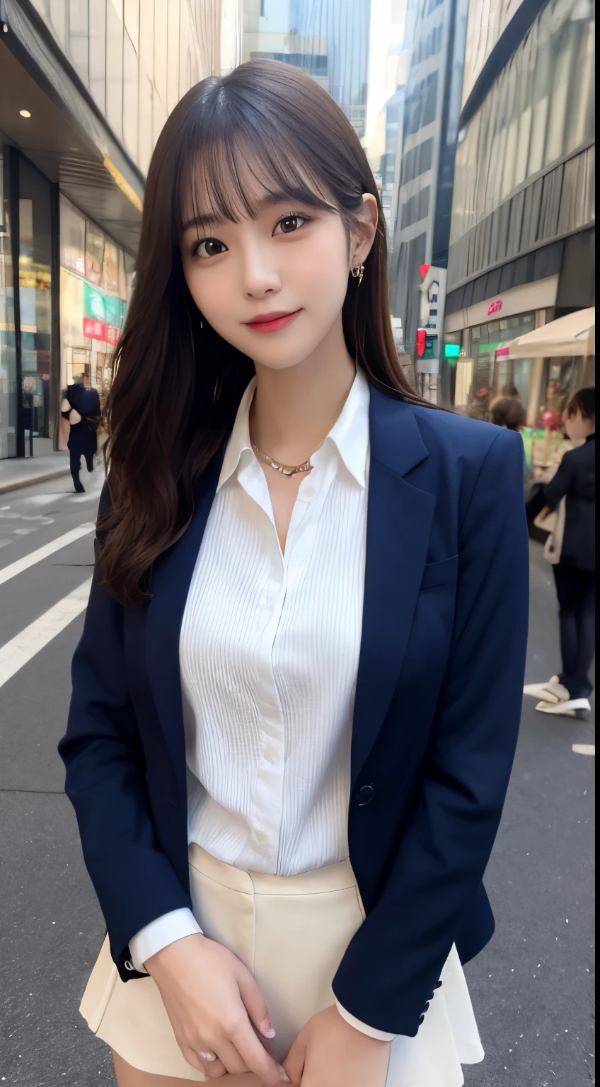 masutepiece, Best Quality, Illustration, Ultra-detailed, finely detail, hight resolution, 8K Wallpaper, Perfect dynamic composition, Beautiful detailed eyes,Medium Hair,Small breasts natural color lip, Bold sexy poses,Smile,Harajuku、20 years girl、Cute、Sexy shot looking at camera、Gravure Model Pose、城市、KPOP Idol Face、Navy blue blazer、White long-sleeved shirt,Check miniskirt