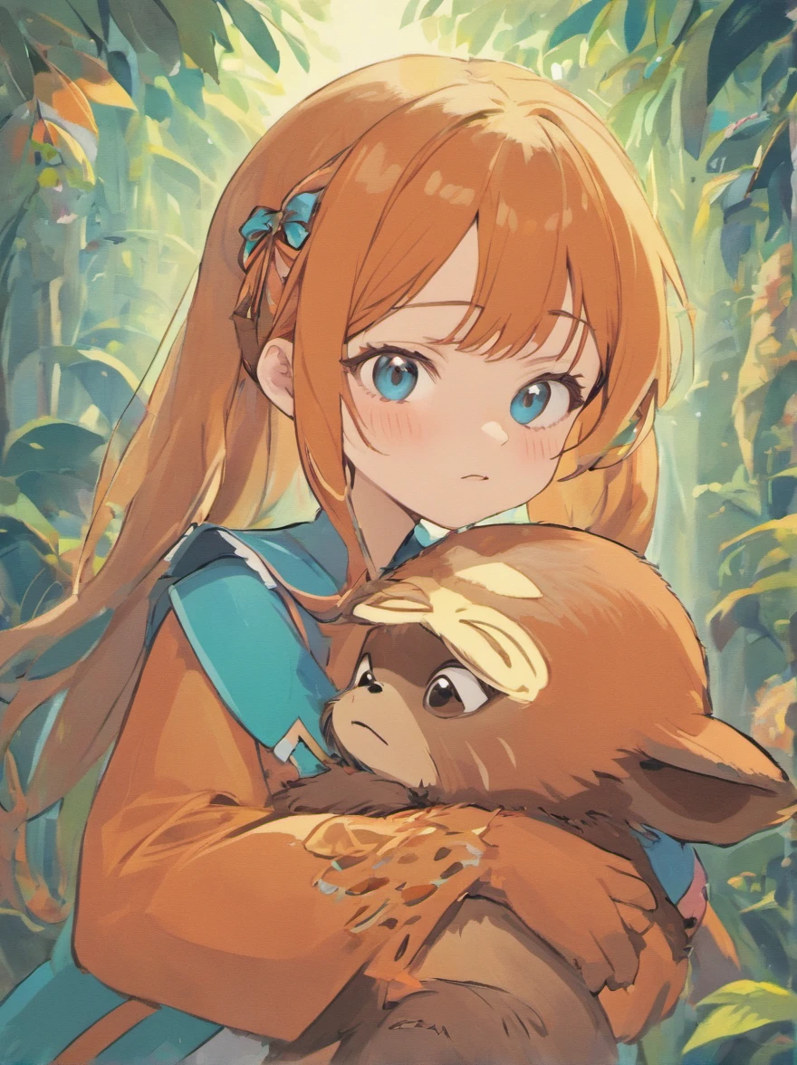 A super cute girl with a bow in her hair, holding a baby (angutan))) in her arms. The illustration is done in a soft pastel blue color scheme, giving it a dreamy and whimsical feel. The girl is dressed in a cool and stylish outfit, with hints of neon and futuristic elements. The orangutan is portrayed with big, soulful eyes and a playful expression. The overall mood is heartwarming and endearing, appealing to both children and adults alike.